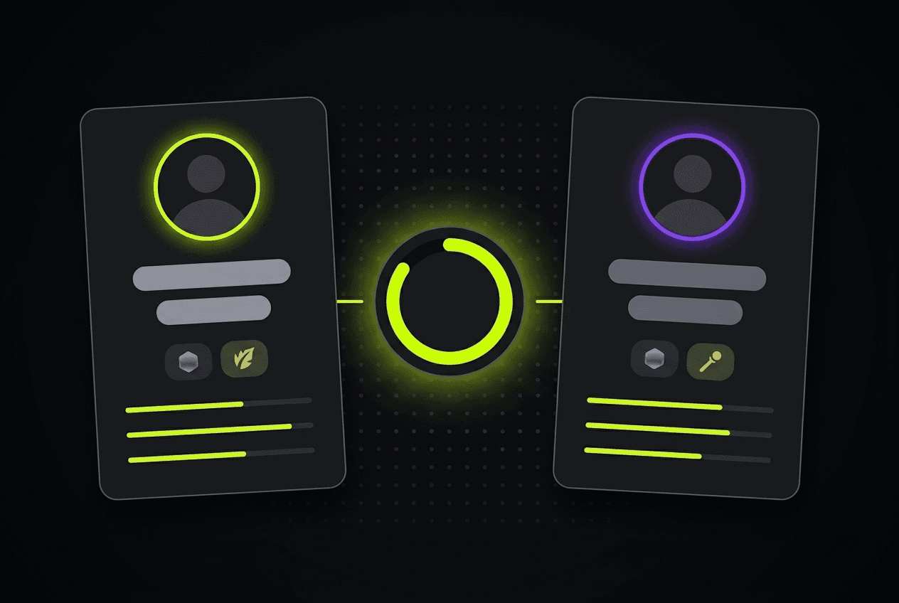Two League of Legends player profile cards matched by the duo finder with a synergy score gauge between them